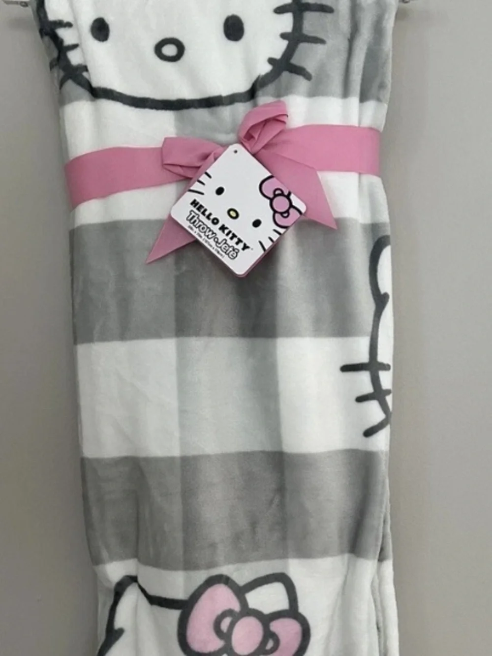 Hello Kitty Plush Throw Blanket Pink Bow Gray White Gingham Check 50”x70”